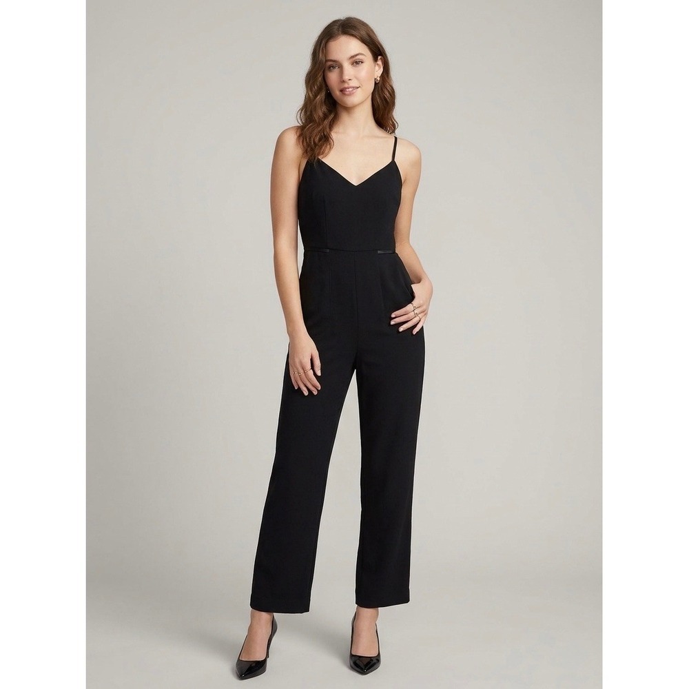 Maeve Anthropologie Black V-Neck Spaghetti Strap Straight Leg Jumpsuit Size 00P